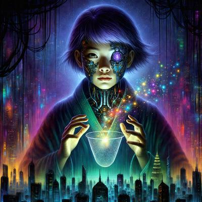The primary subject of the image is a young girl with a futuristic appearance, wearing a dress and holding a cup. She is surrounded by a futuristic cityscape, which includes a skyscraper and a clock. The setting is a futuristic environment, and the visual style is digital art. The colors and mood of the image are predominantly purple and blue, creating a sense of mystery and intrigue.